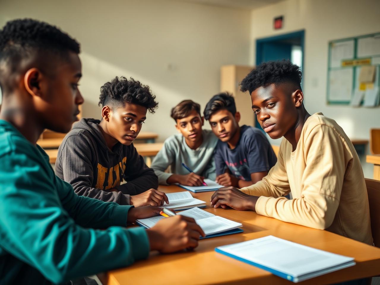 A small group of teenage boys studying together at a table in a community classroom