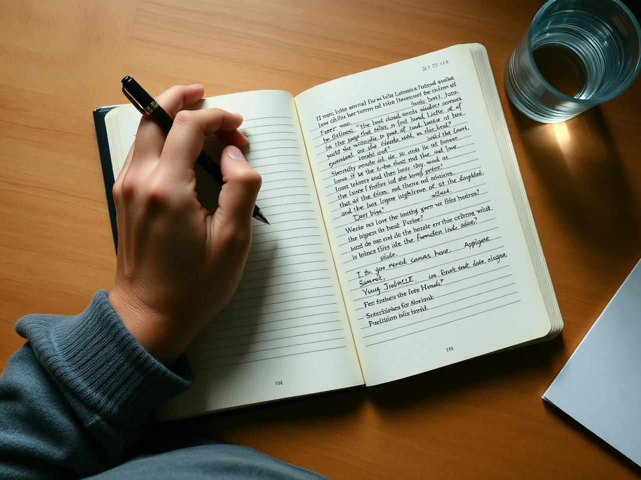 A teenage boy writing thoughtfully in a journal at a wooden desk